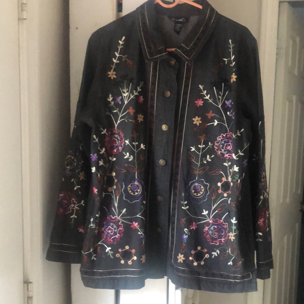 Denim&Co  embroidered dark denim shirt,jacket, shacket
